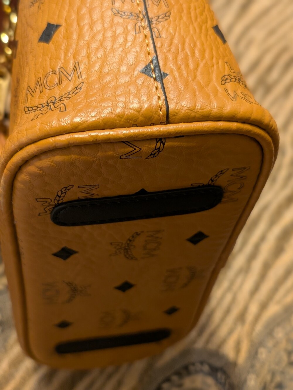 MCM Visetos Cognac Leather Mini Tote with Black Trim And Adorable Doggie Charm! - Picture 7 of 15